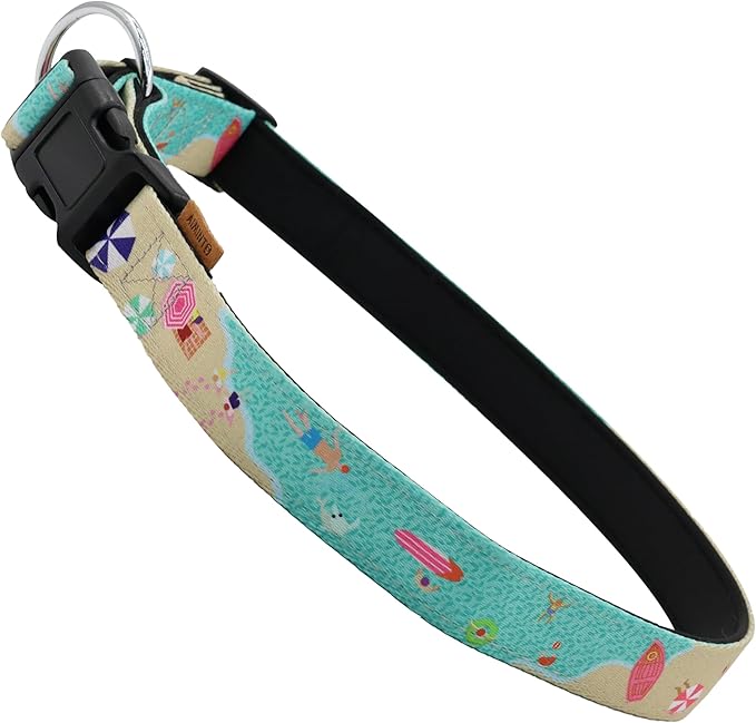 Dog Collar, Cute Holiday in Beach Pattern, Neoprene Padded and Adjustable Collar with Quick Release Buckle, Reinforced Structure (L (Neck 18-28", Width 1"), Beach Green)