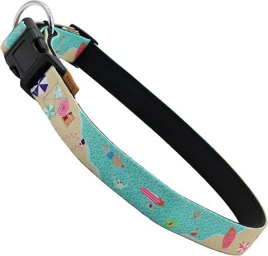 Dog Collar, Cute Holiday in Beach Pattern, Neoprene Padded and Adjustable Collar with Quick Release Buckle, Reinforced Structure (L (Neck 18-28", Width 1"), Beach Green)