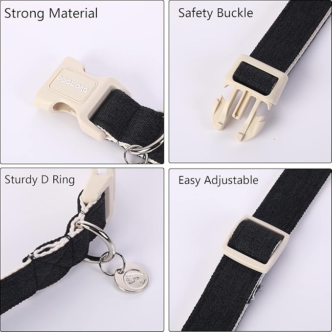 DOGWONG Cotton Hemp Dog Collar, Heavy-Duty Black Dog Collar Adjustable Soft Natural Fabric Pet Cute Wedding Puppy Necklace for Small Medium Large Dogs