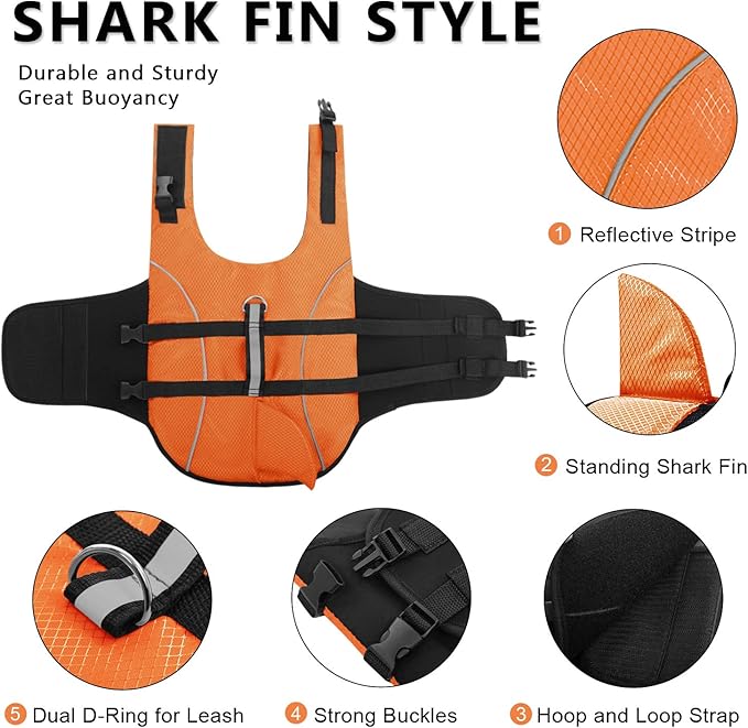 Queenmore Small Dog Life Jacket XXS, Puppy Life Jackets for Small Dogs, Little Dog Life Vest for Swimming/Boating, Cat Life Jacket/Life Vest, Lightweight Shark Pet Water Vest with Handle/Leash Hook