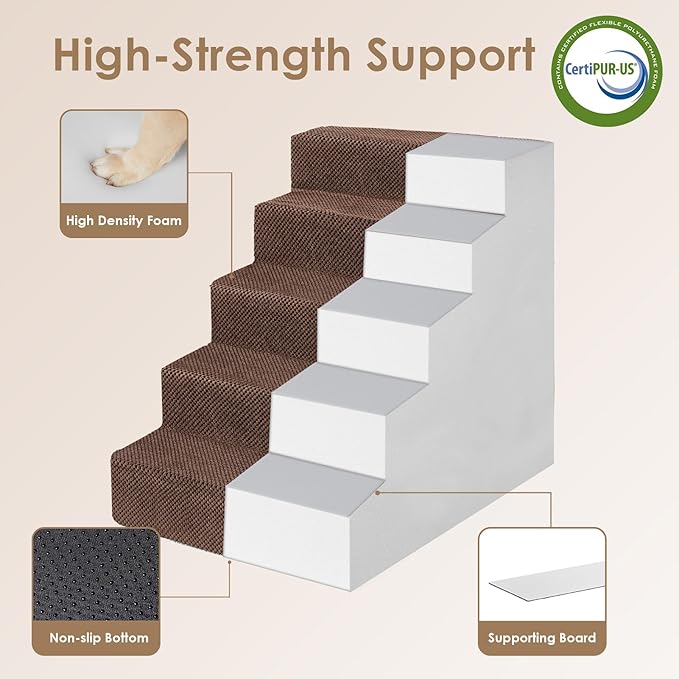 EHEYCIGA Dog Stairs for High Bed 25”H, 5-Step Extra Wide Dog Steps for Bed, Pet Steps for Small Dogs and Cats, Non-Slip Balanced Dog Indoor Ramp, Brown