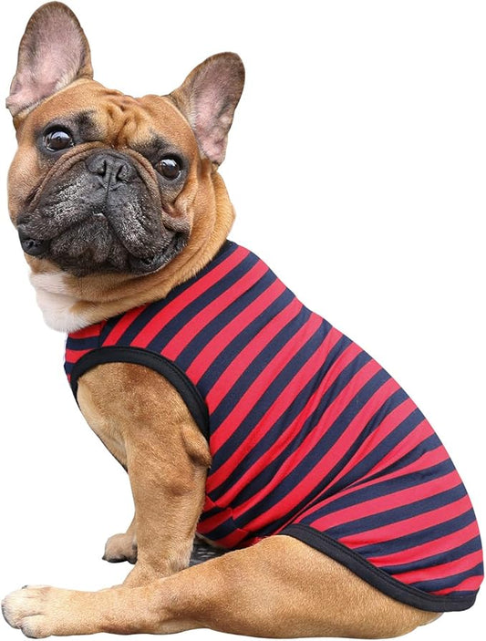 iChoue Pug 100% Breathable Cotton Striped T Shirts Halloween Vest Clothes for Medium Dogs Tank Tops Puppy French Bulldog Frenchie English Boston Terrier Pitbull Red Blue Stripes - Small