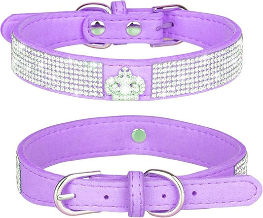 Rhinestone Dog Collar, Cute Dazzling Sparkling Soft Suede Leather Dog Cat Rhinestone Collar Crystal Diamond Pet Dog Puppy Collar (M, Purple-4)