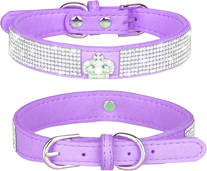 Rhinestone Dog Collar, Cute Dazzling Sparkling Soft Suede Leather Dog Cat Rhinestone Collar Crystal Diamond Pet Dog Puppy Collar (L, Purple-4)