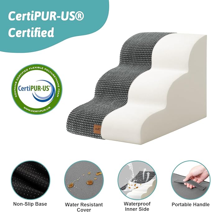 Dog Stairs for Small Dogs 15.7" H, Curved Dog Step for Puppy, Older Cat, Medium Pet Ramp for Sofa, Couch or Bed, Ladder with High Density Foam, 15.7x22.4x15.7 inch, 3 Step, Dark Grey