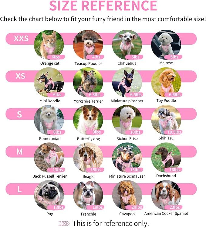 voopet Extra Small Dog Harness and Leash Lightweight Cat Comfort Padded Soft Mesh Vest Step in Dog Harness No Pull No Choke Reflective Small Plaid Girl & Boy Puppy Kitty Walking Harness, Pink XXS