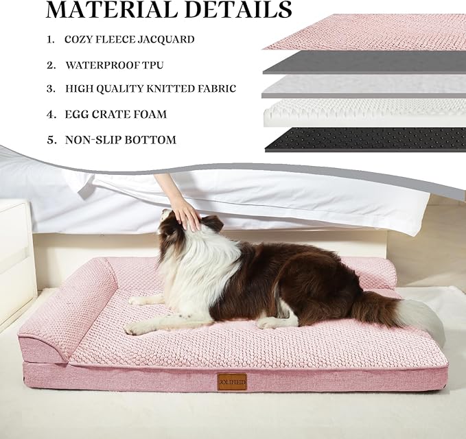 Orthopedic Jacquard XL Dog Bed for Large Dogs 42''X28'', Waterproof L Shaped Big Large Pet Sofa Bed with Washable Removable Cover, Non-Slip Soft Warm Comfortable Pet Couch Sleep Mat, Pink