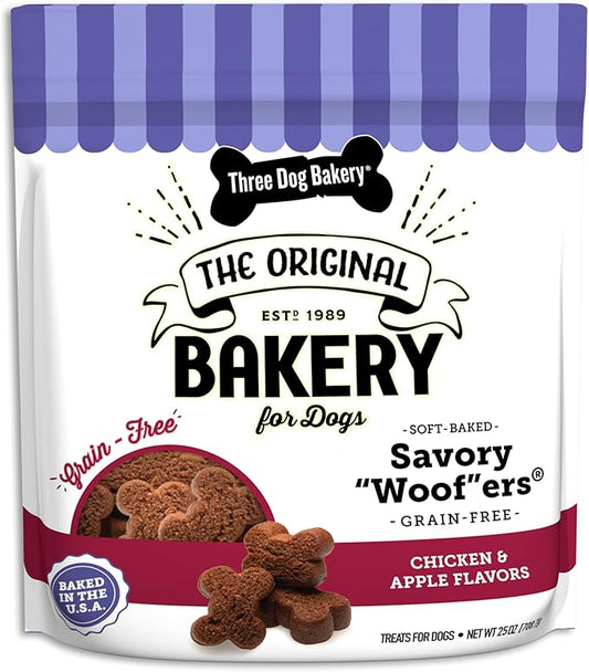 Three Dog Bakery Grain-Free Savory Woof ers in Chicken & Apple - Low Fat Dog Treats, Chicken & Apple Flavored Puppy Training Treats, Cookies for Dog Training Treats
