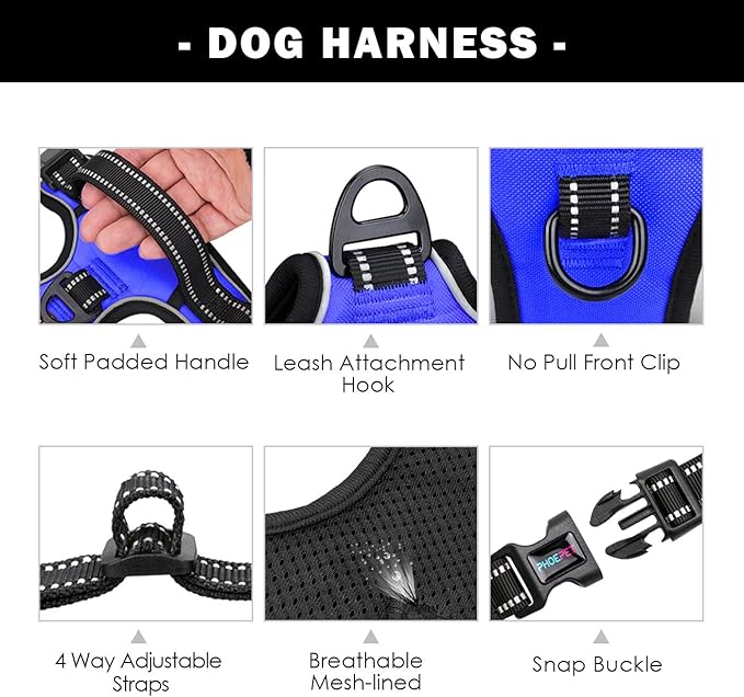 PHOEPET No Pull Dog Harness Medium Reflective Front Clip Vest with Handle,Adjustable 2 Metal Rings 3 Buckles,[Easy to Put on & Take Off](XS, Royal Blue)