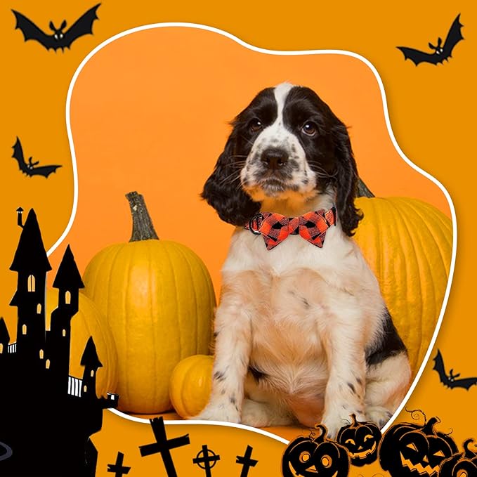 azuza Bowtie Dog Collar, Soft & Comfortable Fall Dog Collars with Bow, Plaid Adjustable Dog Collar for Medium Dogs