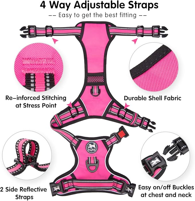 PoyPet No Pull Dog Harness, [Release on Neck] Reflective Adjustable No Choke Pet Vest with Front & Back 2 Leash Attachments, Soft Control Training Handle for Small Medium Large Dogs(Pink,S)