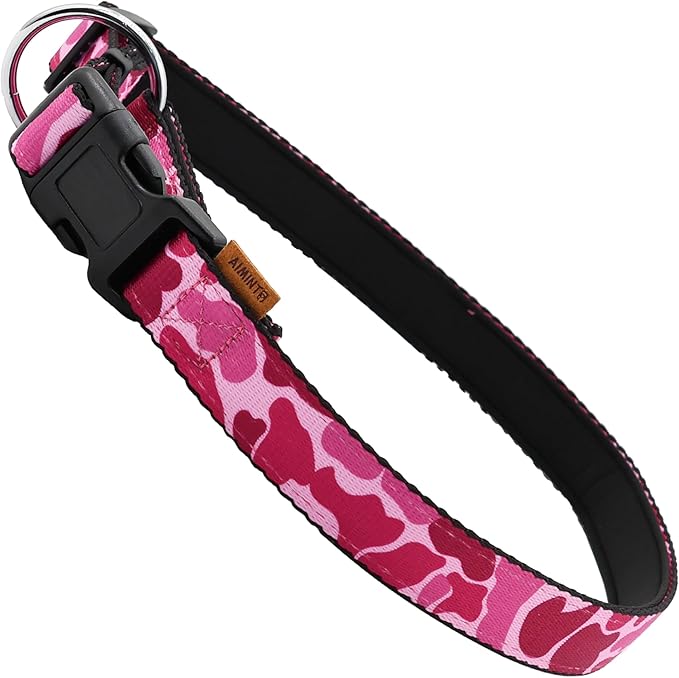 Dog Collar, Cute Floral Pattern, Neoprene Padded and Adjustable Collar with Quick Release Buckle, Reinforced Structure (L (Neck 18-28", Width 1"), Camouflage Pink)