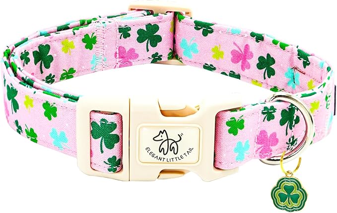 Elegant little tail St Patrick's Dog Collar-Lucky Colver Cotton Shamrock Pet Collar Trefoil Holiday Adjustable Cotton Pet Collar with Quick Release Buckle for Small Medium Large Dogs
