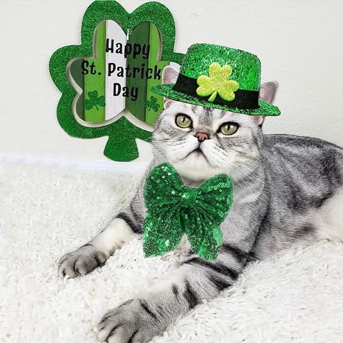 Dog St. Patrick's Day Costume, St Patricks Day Pet Outfit Green Shamrock Hat Bow Tie Collar for Small Medium Large Dogs (Green Shamrock)