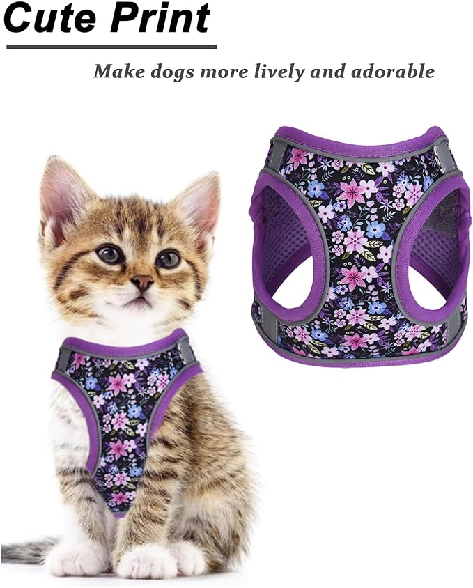 XS Purple Flower Pattern Dog Harness and Leash Set,No Escape Puppy Harnesses for Training Walking，Breathable Adjustable Puppy Vest for Small Medium Dogs, Cats (Purple, XS)