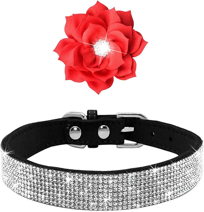 Rhinestone Dog Collar, Cute Dazzling Sparkling Soft Suede Leather Dog Cat Rhinestone Collar Crystal Diamond Pet Dog Puppy Collar (Black5, XS)