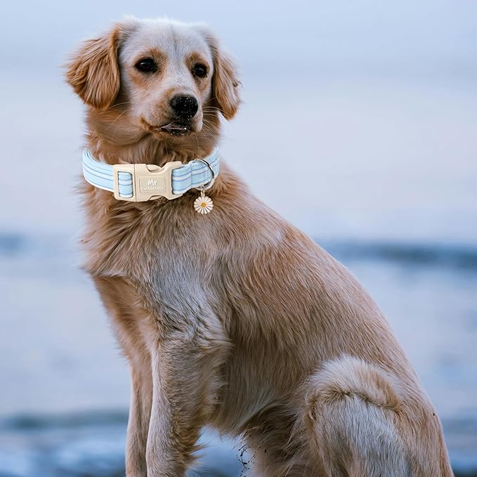 Cotton Dog Collar, Cute Blue Summer Puppy Collar with Plastic Buckle, Adjustable Soft Natural Fabric Pet Collar for Small Medium Large Dogs