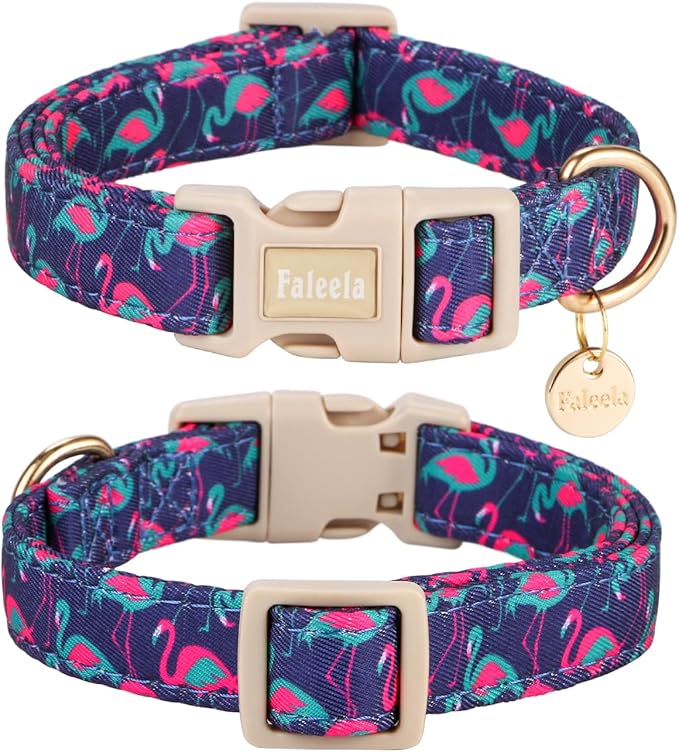 Faleela Dog Collar - Cute & Comfy Cotton Pet Collar, Adjustable Lightweight Design with Quick-Release Buckle, for Small, Medium & Large Dogs - Multiple Styles Available (Flamingo, Large)