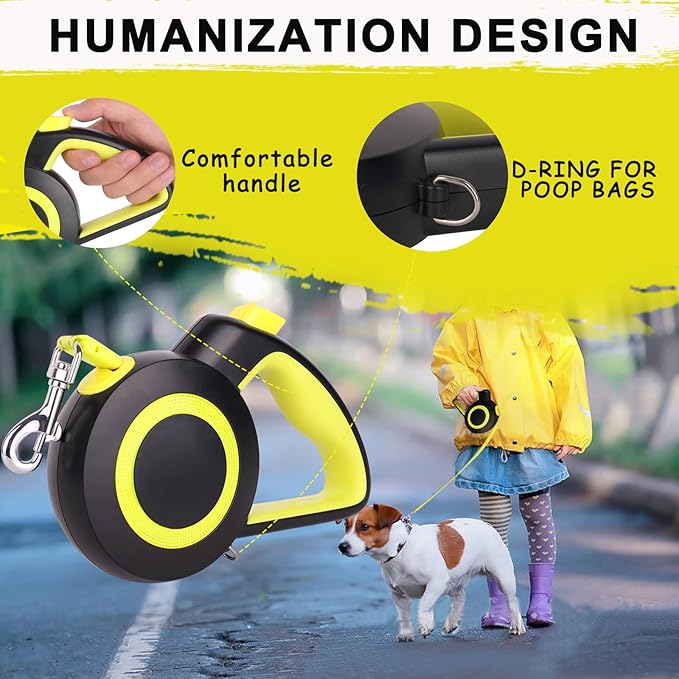 Retractable Dog Leash,Night Reflection,Light Weight Leash for Small to Dogs/Cats,Stainless Steel Spring,Strong Nylon Tape, One-Handed Brake (Black-Yellow)