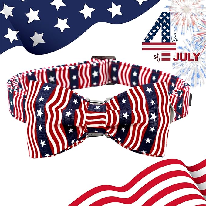 Lionheart glory American Flag Dog Collar, 4 of July Dog Bow Collar Heavy Duty Adjustable Patriotic Dog Collar with Bowtie for Medium Dogs Pet Gift