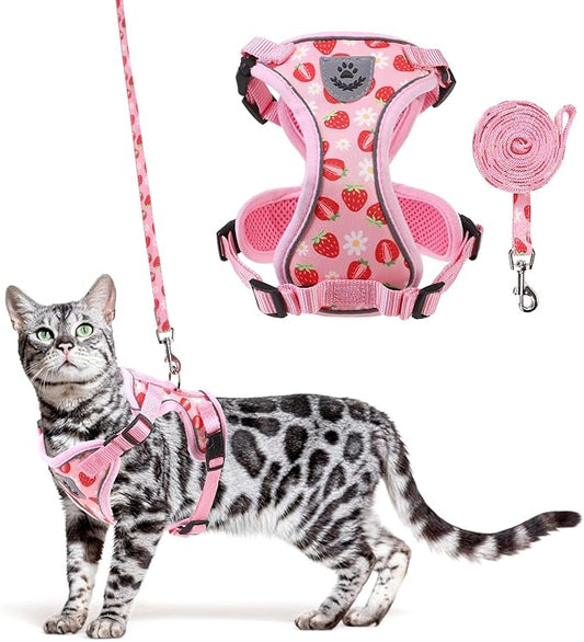 KOOLTAIL Cat Harness and Leash Set, Escape Proof for Safe Walking & Travel, Reflective Comfortable Easy Control Adjustable Kitten Harness for Boys&Girls Small Medium Large Cats Strawberry M