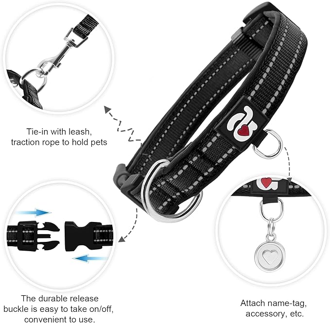 azuza Reflective Dog Collar,Soft Neoprene Padded Pet Collar with ID Tag Ring,Adjustable for Large Dogs,Black,L