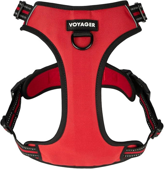 No Pull Dog Harness for Large Dogs, Dual Leash Attachments, Adjustable Soft but Strong Pet Harness with 3M Reflective Technology, Red Lattice Nylon, L (Chest: 25-30")