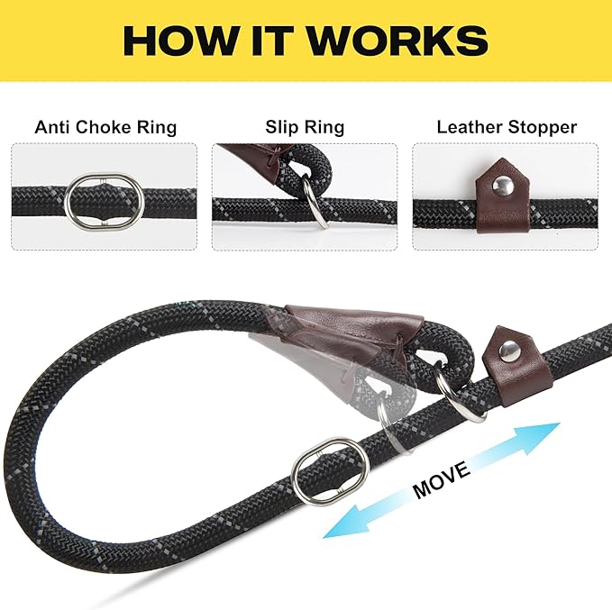 Fida Slip Leads for Dogs, 4 FT x 1/2" Heavy Duty Comfortable Strong Rope Leash for Large, Medium Dogs, No Pull Pet Training Leash with Highly Reflective, Black