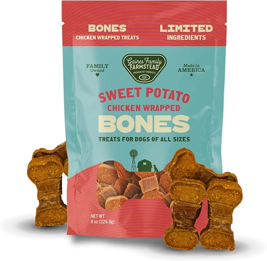 Gaines Family Farmstead Sweet Potato Chicken Wrapped Dog Bones, All Natural, Grain Free, Dog Treats for All Ages & Breeds, Great for Training and Rewards, Made in USA, 8 Ounce Pouch