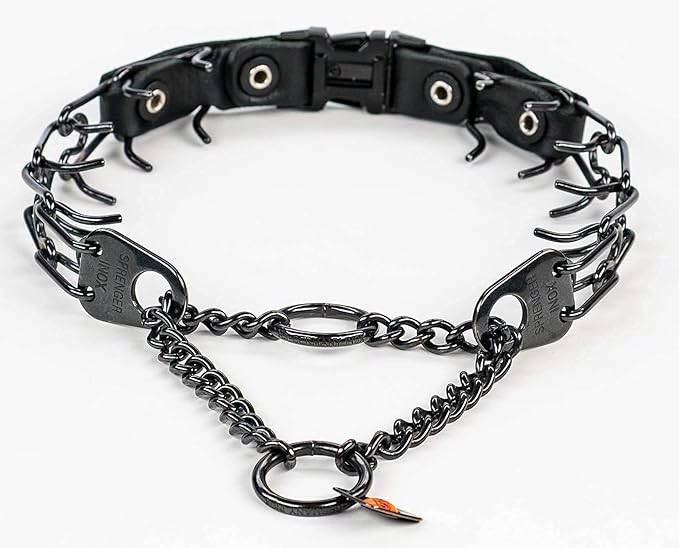 Herm Sprenger Quick Release Dog Training Collar Black Stainless Steel No Pull Collar Easy Leather Buckle Release Unique Tactical Look for Small Dogs (12-19" Neck 2.25mm Links)