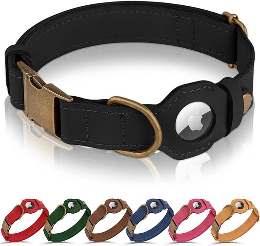 AirTag Dog Collar - Genuine Leather Dog Collar with Apple AirTag Holder and Metal Buckle - Smart GPS Tracking Pet Collars for Small Medium Large Dogs Puppy (Black, L, 17"-21" Neck Fit)