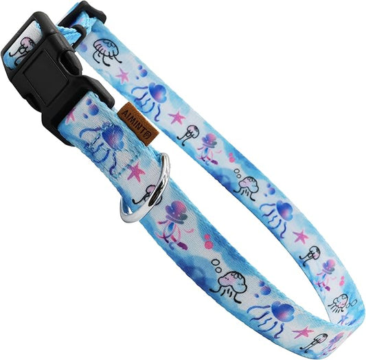 Dog Collar, Cute Jellyfish in Ocean Pattern, Soft and Adjustable Collar with Quick Release Buckle (S (Neck 11-18", Width 5/8"), Ocean Blue)