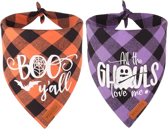 PTDECOR Dog Halloween Bandanas, Classic Orange Purple Plaid Pet Bandana, Multi Size, Triangle Halloween Bandanas for Small Dogs Pets (Small)