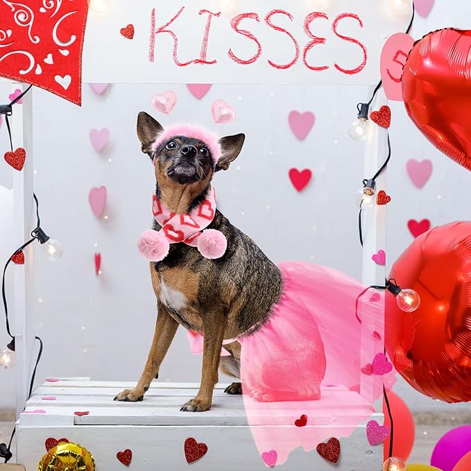 3 Pcs Valentine's Day Dog Costume Set Including Pink Valentines Love Headband Valentines Dog Tutu Dress Cute Pet Tutu Pink Valentines Pet Scarf for Medium Dogs Holiday Outfit Accessory
