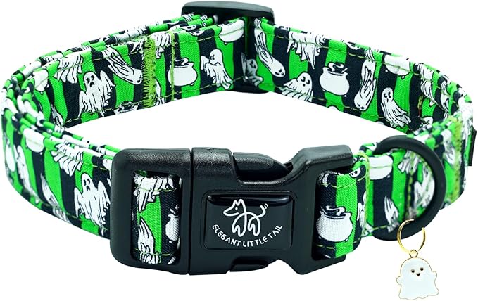 Elegant little tail Halloween Dog Collar, Ghosts Print Fall Male Cute Puppy Adjustable Cotton Pet Collar with Quick Release Buckle for Small Medium Large Dogs