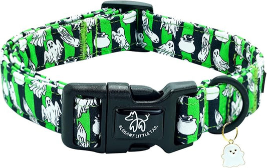 Elegant little tail Halloween Dog Collar, Ghosts Print Fall Male Cute Puppy Adjustable Cotton Pet Collar with Quick Release Buckle for Small Medium Large Dogs