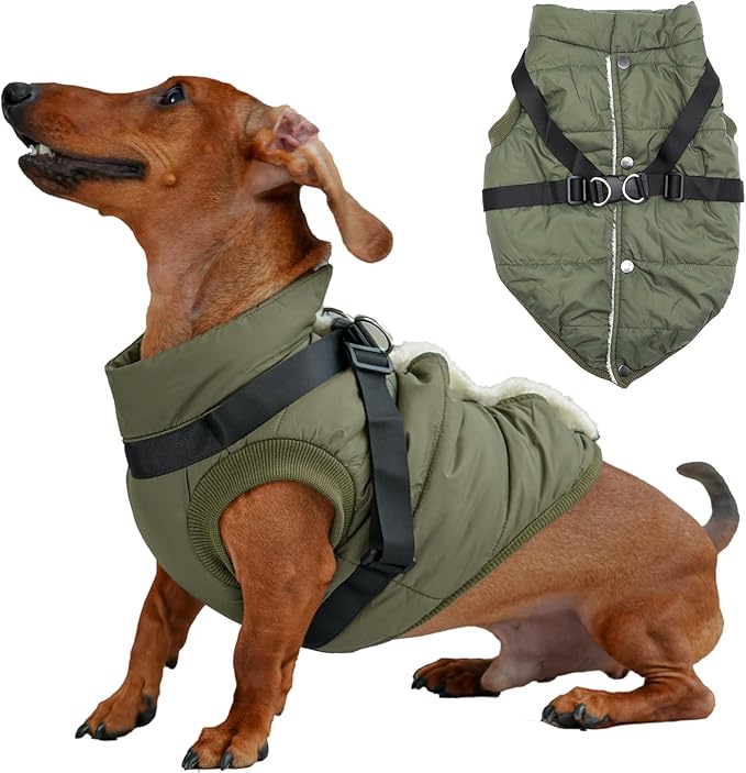 Dog Jacket with Harness,Fleece Lined Warm Puppy Coat for Winter,Soft Windproof Medium Dog Vest,Green XL
