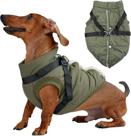 Dog Jacket with Harness,Fleece Lined Warm Puppy Coat for Winter,Soft Windproof Medium Dog Vest,Green XL