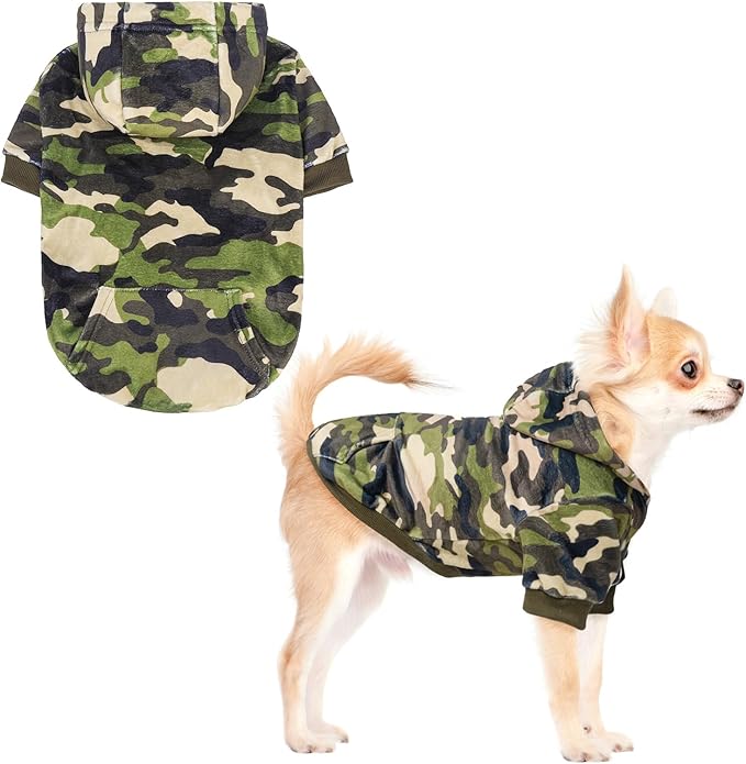 BEAUTYZOO Dog Hoodie for Small Medium Dogs Puppy, Soft Fleece Dog Sweater Cold Weather Coats with Pocket, Pet Outfits Hooded Sweatshirt Chihuahua Cat Jacket Clothing Warm Camo French Bulldog Clothes