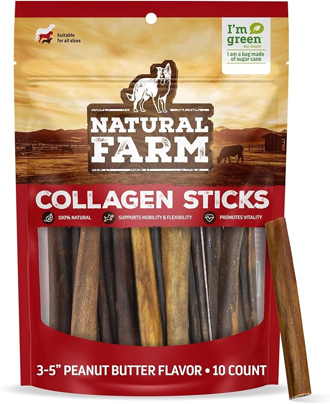 Natural Farm Peanut Butter Flavor Collagen Sticks for Dogs (3-5 Inch, 10 Pack), Long-Lasting Beef Collagen Sticks, Rawhide Alternative Chews with Chondroitin & Glucosamine, Low-Fat Dental Treats