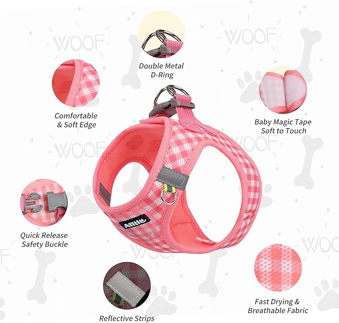 AIITLE No Pull Dog Harness and Leash Set, Step in No Chock Soft Mesh Dog Harnesses Reflective for Extra-Small Puppy Dogs and Cats, Plaid Dog Vest Harness for Pets Watermelon XXS