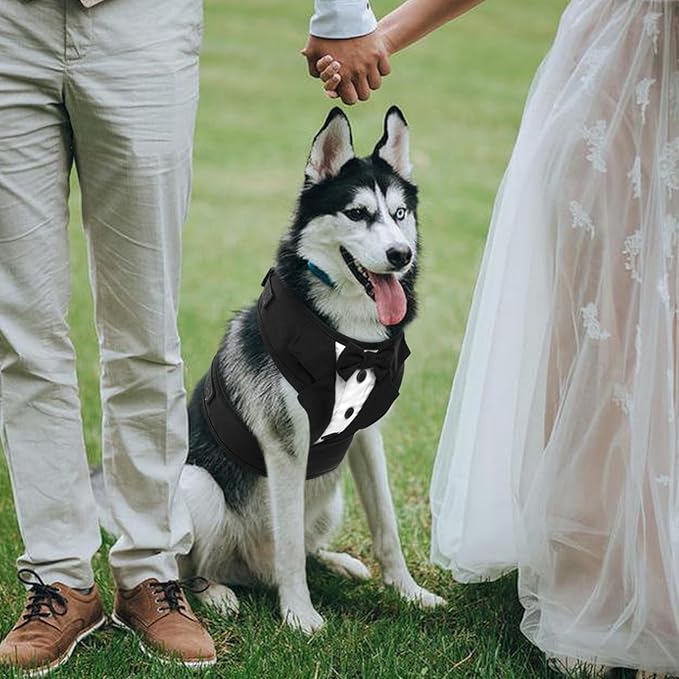 Kuoser Dog Tuxedo Harness, Adjustable Pet Harness No Pull for Small Medium Dogs, Doggie Wedding Suit with Bow Tie Party Costume