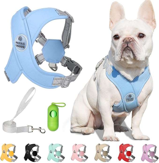 Patas Lague Dog Harness with Leash Set Adjustable Soft Padded Step-in Dog Vest No Choke No Pull Reflective for Small Medium Pets with Poop Bags and Dispenser, Solid and No-chew, Blue M
