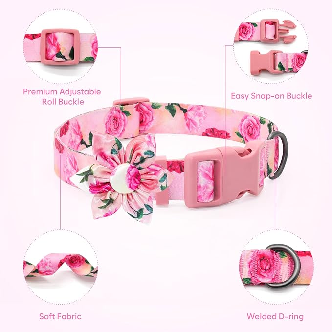 DQGHQME Floral Girl Pink Dog Collar with Rose Flower Bow Tie for Cute Female Cats & Dogs - Small to Large Sizes
