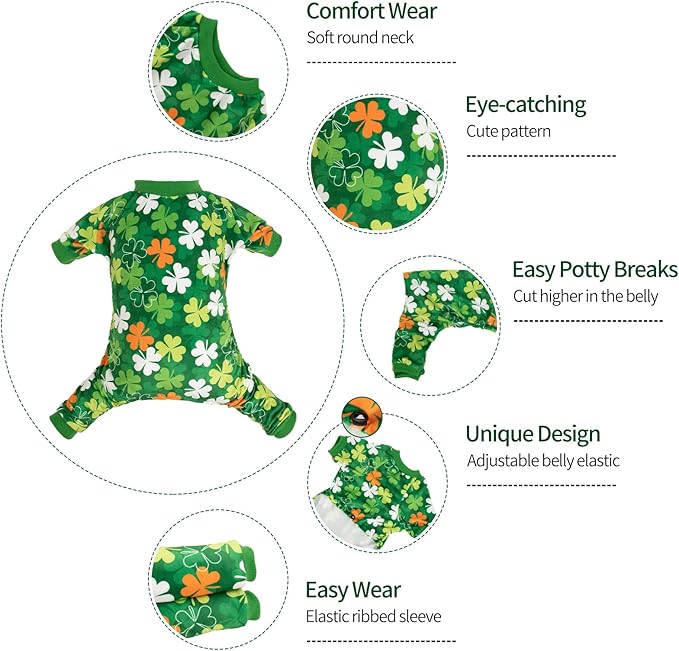 CuteBone Clover St.Patrick's Day Small Dog Pajamas Soft Puppy Pjs Fleece Stretchy Onesie Cat Clothes for Daily Wear P275S
