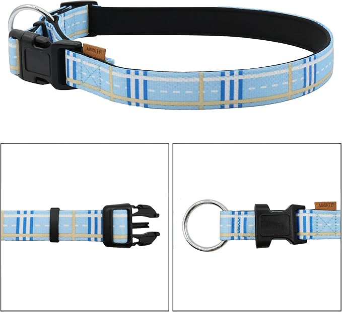 Dog Collar, Cute Stripe Pattern, Neoprene Padded and Adjustable Collar with Quick Release Buckle, Reinforced Structure (L (Neck 18-28", Width 1"), Stripe Blue)