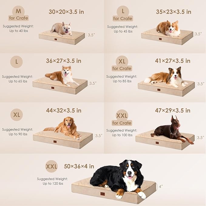 EHEYCIGA Orthopedic Dog Beds for Large Dogs with Removable Washable Cover for Crate, Khaki, 35x23