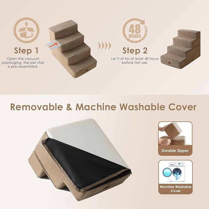 EHEYCIGA Dog Stairs for Bed 18”H, 4-Step Dog Steps for High Bed, Pet Steps for Small Dogs and Cats, Non-Slip Balanced Pet Ramp Indoor, Camel