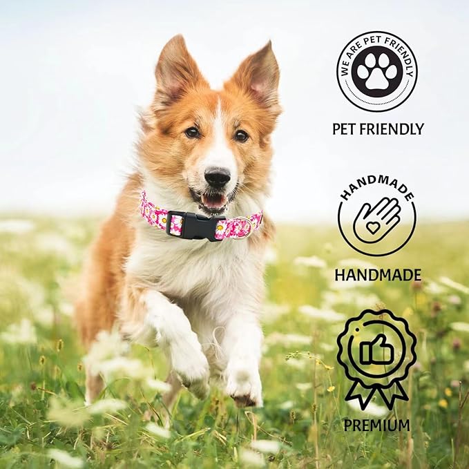Tunkoo Pink Daisy Dog Collar, Cute Adjustable Premium Cotton Collar Durable Plastic Buckle for Small Medium Large Boys Girls Dogs, M