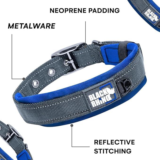 Black Rhino - The Comfort Collar Ultra Soft Neoprene Padded Dog Collar for All Breeds, Dog Collars for Large Dogs - Heavy Duty Adjustable Reflective Weatherproof (XLarge, Blue/Grey)